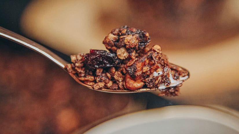 veganes Granola aus Haferflocken, Nüssen und Cranberries mit Zimt, Schokolade und weihnachtlichen Aromen