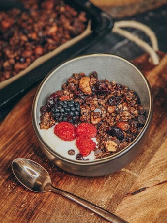 veganes Granola aus Haferflocken, Nüssen und Cranberries mit Zimt, Schokolade und weihnachtlichen Aromen