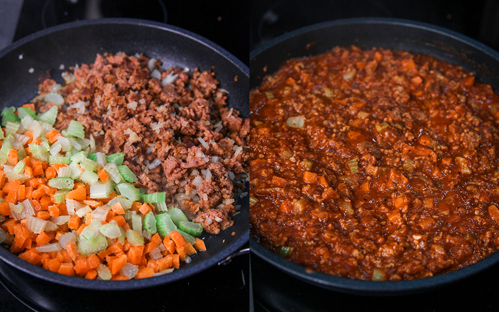 vegane Lasagne mit Bolognese aus veganem Hack und einer Bechamelsoße. Käsig und cremig