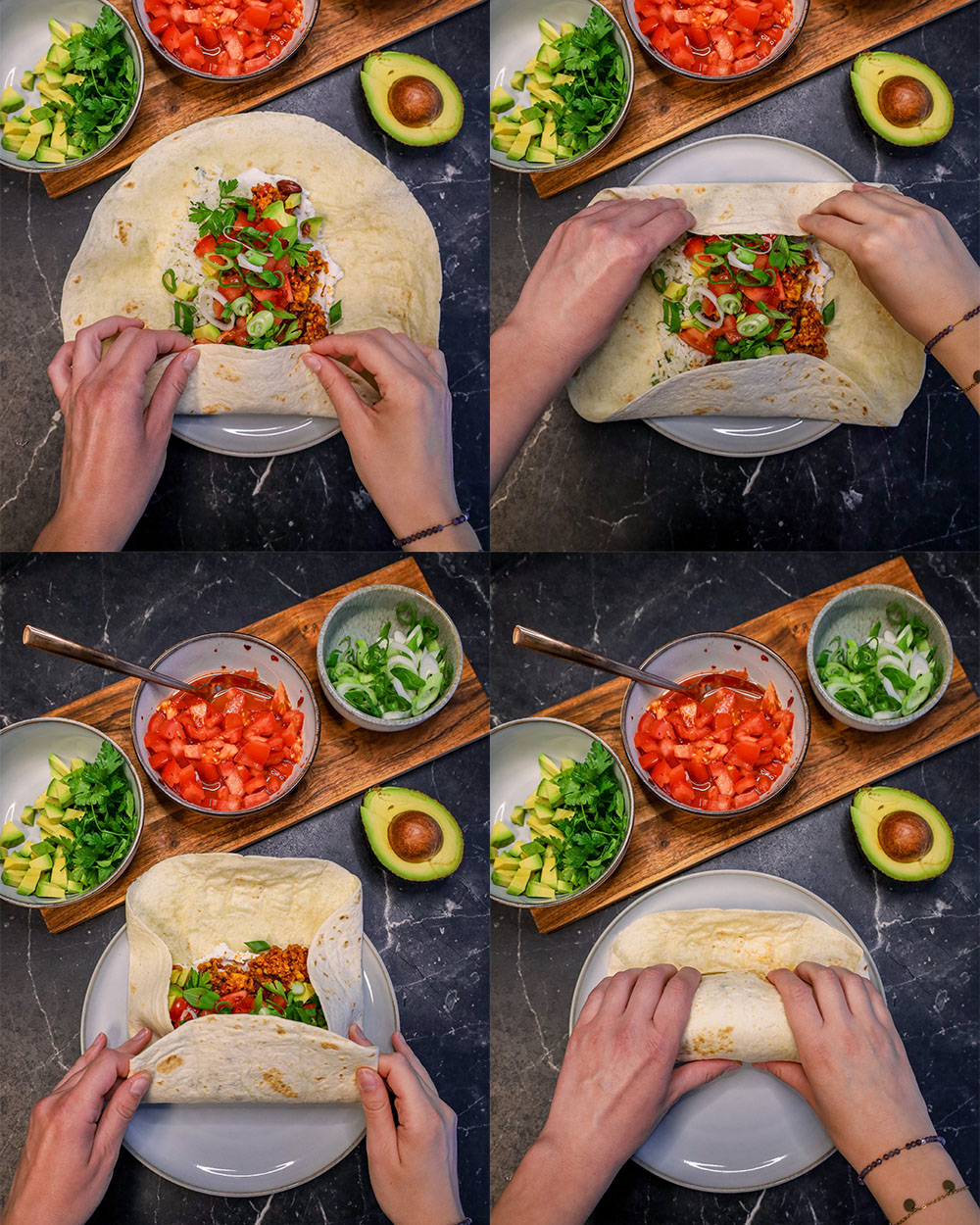 vegane Burritos gefüllt mit Limetten-Minz-Reis, veganem Hackfleisch und Tomaten Salsa, mexikanische Wraps